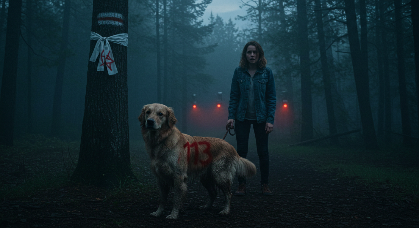 A woman found a dog tied up in the woods, with some kind of number on it.